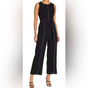 Tahari Navy Blur Jumpsuit with Contrast Stitching and Wide-Leg Design